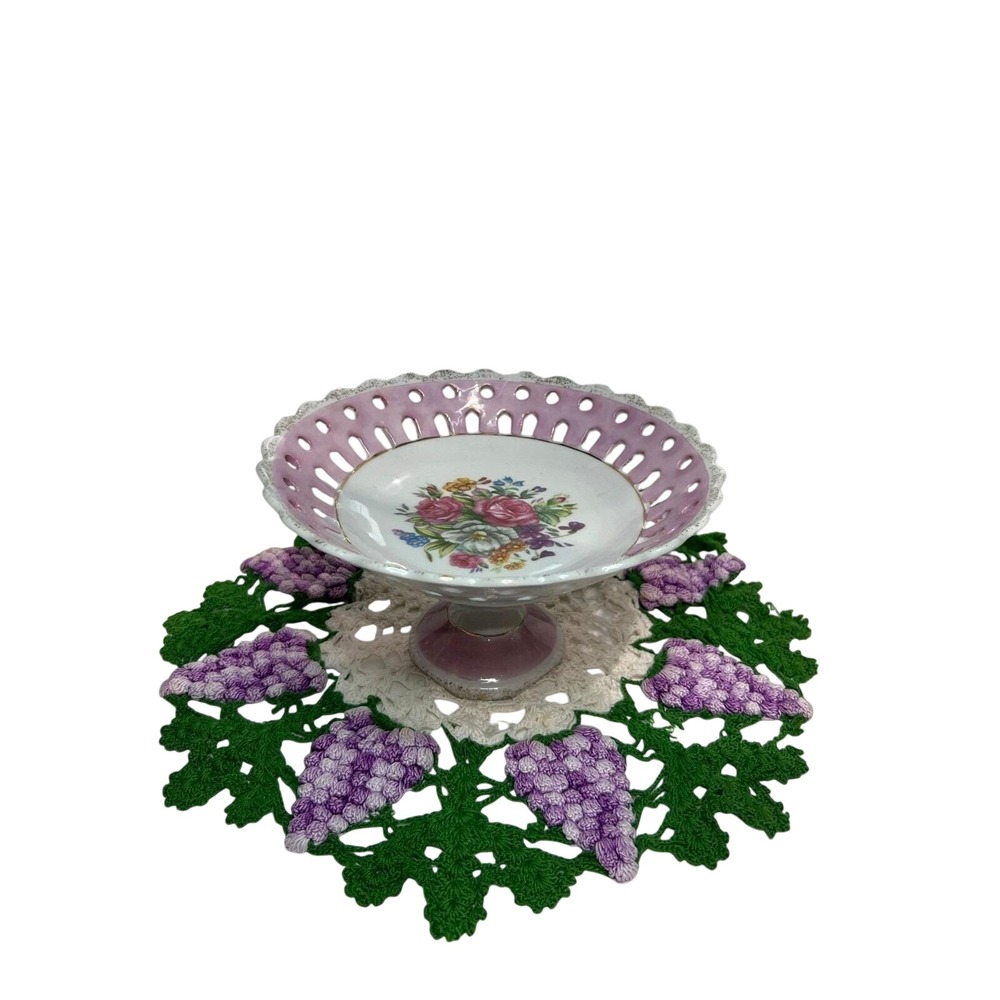 Vintage Reticulated Porcelain Pedestal Candy Dish Pink Floral Gold Gilt Compote